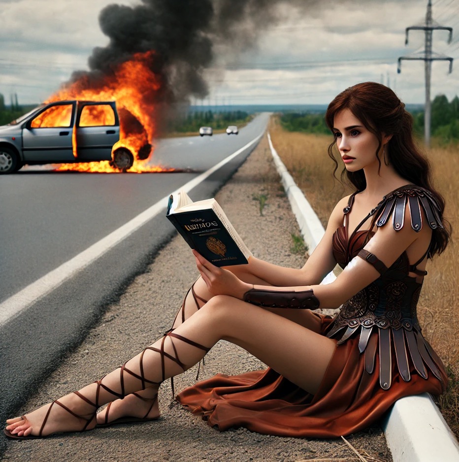 Stoic woman reading by a burning car